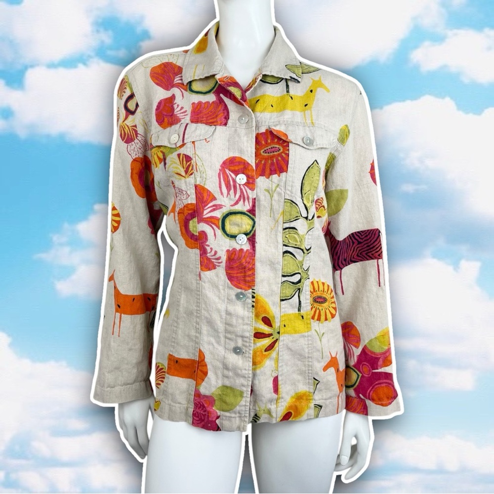 CHICO'S Vintage Artsy Linen Tropical Floral Zebra Button Up Safari Shirt Resort